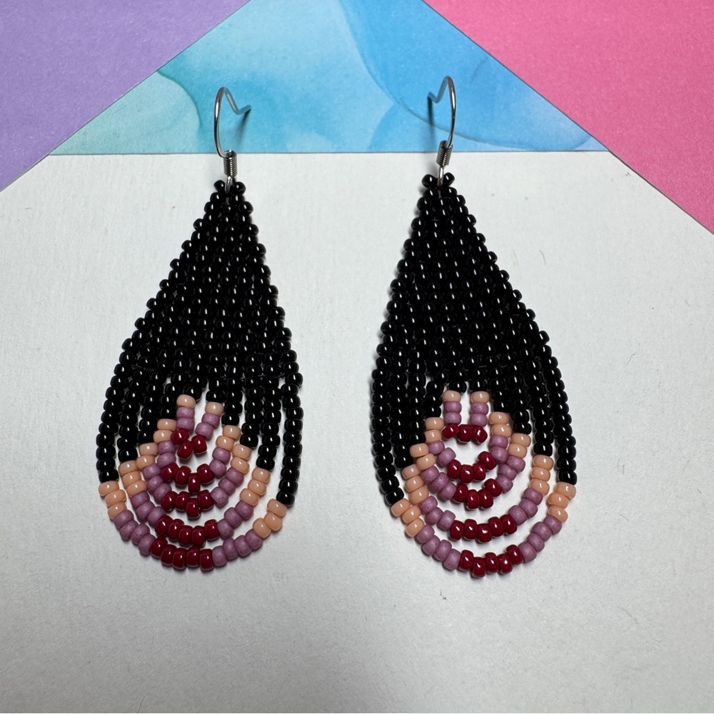 Black Brick Red Old Rose Pink Tear Drop Seed Bead Earrings 1.75” Drop Handmade